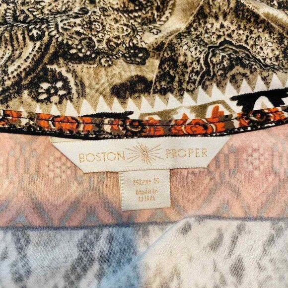 Boston Proper Blouse Womens Small Tan Black Orange Beaded Collar Animal Print - Picture 6 of 7